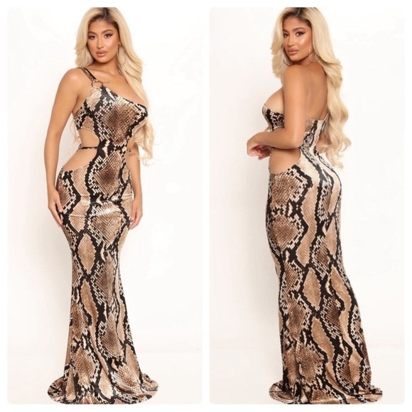 Fashion Nova Sierra Velvet Maxi Dress Brown Combo - Python - Snake Print Sz. XL - Picture 1 of 12